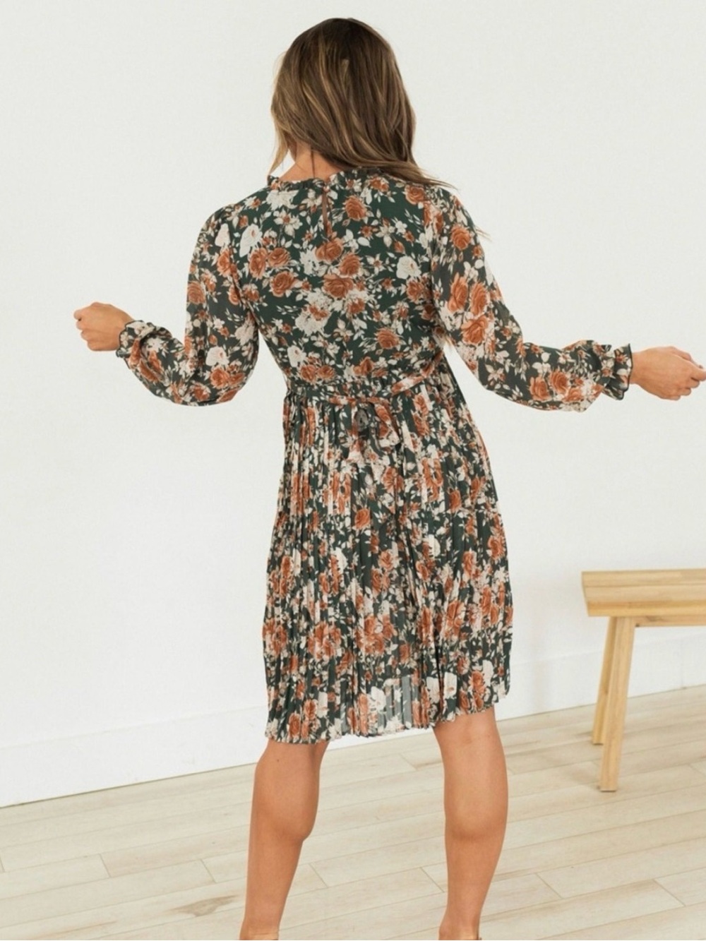 Long-Sleeve Floral Midi Dress in Olive and Rust- NWOT - Picture 2 of 7